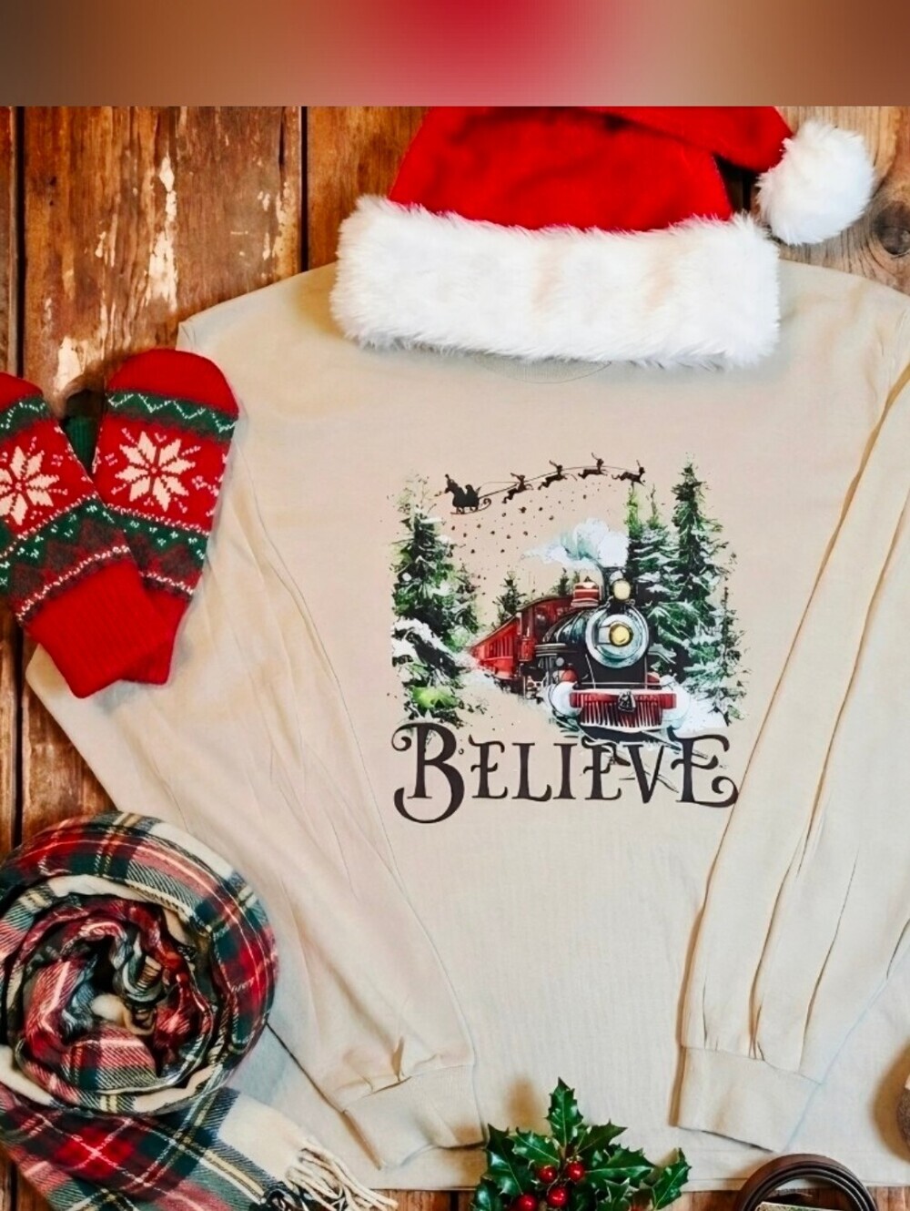 Unisex Believe Christmas Long Sleeve Shirt • Holiday Train Santa Sleigh Tee •